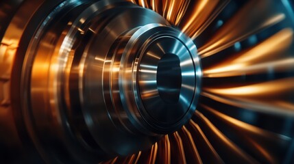 An abstract depiction of spinning metallic gears, illuminated by a warm, glowing light, creating a sense of motion and mechanical energy with an artistic touch.