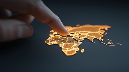 Canvas Print - Glowing World Map with Hand Touching  Global Interaction  Technology Concept