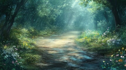 Wall Mural - a serene forest path illuminated by soft light, surrounded by lush greenery and flowers.