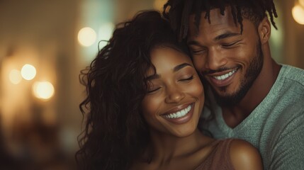 A joyful couple with radiant smiles embracing each other in an intimate, warmly lit environment, capturing a moment of blissful connection and happiness.