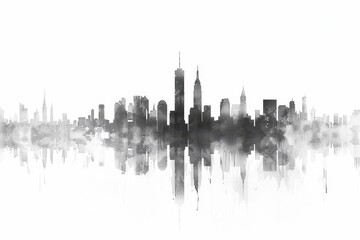 A monochromatic skyline view of New York City reflecting on a tranquil surface during twilight hours creates a serene atmosphere