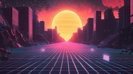 Wall Mural - Futuristic Cityscape with Neon Grid Road Leading to a Giant Sunset