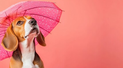 Wall Mural - A beagle dog poses under a pink umbrella against a coral background.