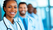 © Patrick - Female African doctor with diverse medical team in background, professional healthcare staff promoting confidence, leadership, and teamwork in modern medicine, patient care, and health services