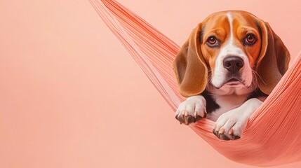 Poster - A beagle lounging in a hammock against a soft pink background.