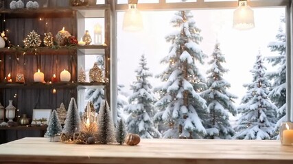 Wall Mural - Empty wooden table with festive candles on the background blurred winter holiday background.The background can be used for mounting or displaying your products.