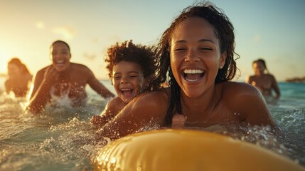 A mother and her children laugh together in the surf at sunset, sharing moments of joy and connection, surrounded by the tranquil beauty of the ocean's glow.