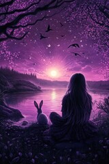 Wall Mural - A serene scene of a girl and a rabbit watching a purple sunset by the water.