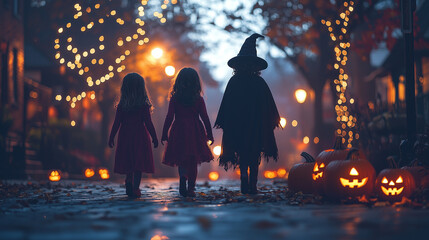 Three children in Halloween costumes walking down a dimly lit street, surrounded by glowing Jack-O'-Lanterns and festive lights in an autumn setting.