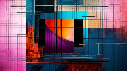 Wall Mural - Abstract geometric design with vibrant colors and overlapping squares.