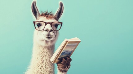 Poster - A llama wearing glasses reads a book against a pastel background.