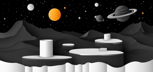 Wall Mural - a stylized cosmic landscape featuring planets, mountains, and a starry background.