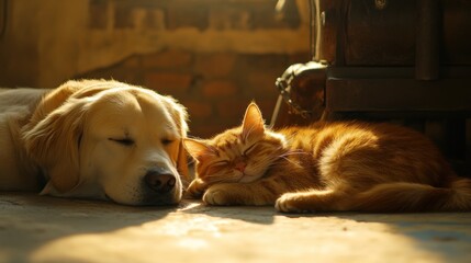 Poster - A peaceful scene of a dog and cat sleeping together in a warm, sunlit environment.