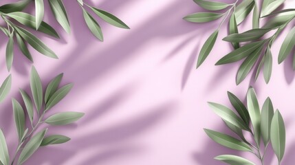 Poster - A serene arrangement of green leaves on a soft pink background, creating a calming aesthetic.