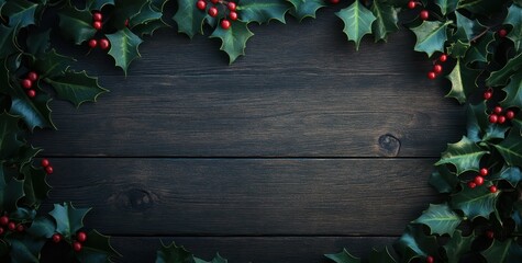 Sticker - A festive arrangement of holly leaves and berries on a dark wooden background.