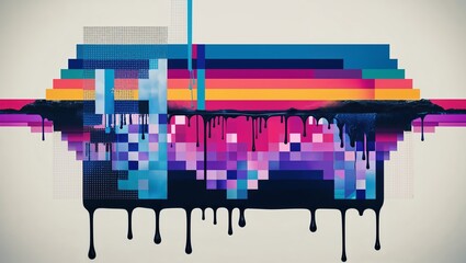 Wall Mural - Abstract digital art with dripping black paint and vibrant colors.