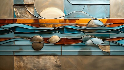 Wall Mural - Abstract stained glass window with blue, orange, and brown tones.