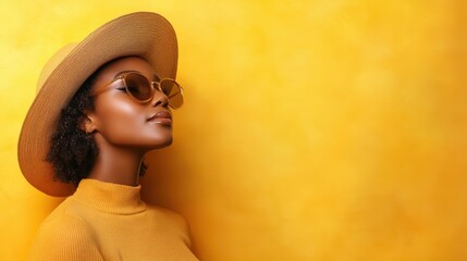 A fashionable woman wearing a hat and sunglasses stands confidently against a vibrant yellow background, exuding style and elegance in modern photography.