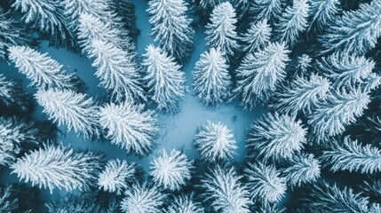 Poster - Aerial view of snow-covered evergreen trees in a winter landscape.