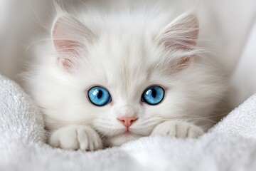  A small white kitten with blue eyes lies on a white blanket; a second white blanket is next to it