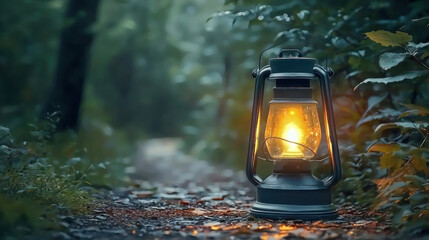 vintage lantern illuminating a tranquil path in a serene forest