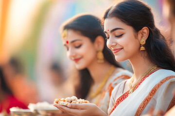 Canvas Print - indian female group holding sweet plate on indian festival