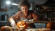 ©  Jovaduplex - A middle-aged woman smiling while carving a pumpkin in a warm, cozy kitchen setting, suggesting creativity and preparation for a festive occasion.