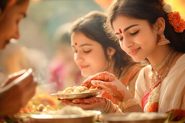 Canvas Print - indian female group holding sweet plate on indian festival