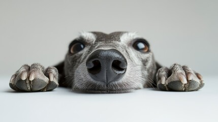 Wall Mural - Close-up of a dog's face with paws resting on a surface, conveying curiosity and playfulness.