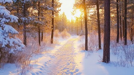 Poster - A serene winter landscape with a snowy path through trees, illuminated by the golden sunlight.