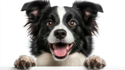 Poster - A cheerful black and white dog with a friendly expression, peering over a surface.