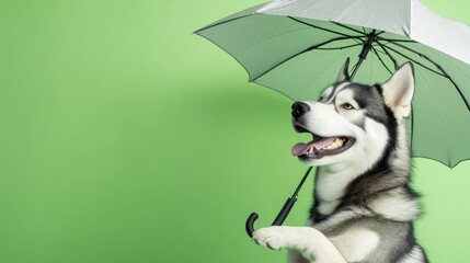 Wall Mural - A smiling husky holding an umbrella against a green background.