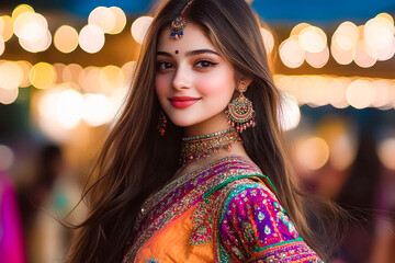 Canvas Print - young indian woman dancing at garba