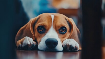 Sticker - A beagle resting its head on a table, gazing intently with big, expressive eyes.