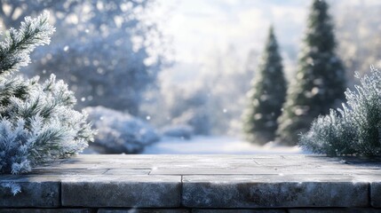 Poster - A serene winter landscape with snow-covered trees and a stone pathway.