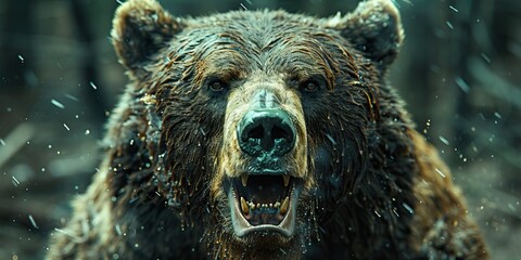 a close-up of a fierce bear with a wet, matted fur coat, roaring in a forest setting.