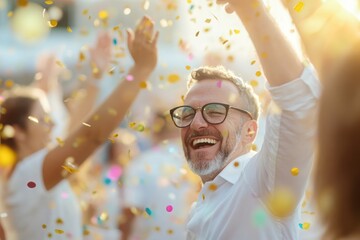 Startup Success Celebration, business professionals celebrating achievements, vibrant atmosphere, teamwork, enthusiasm, innovation, collaboration, joy