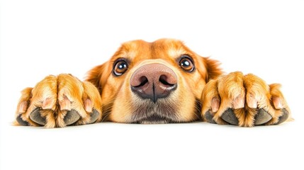 Wall Mural - A close-up of a dog's face with paws resting on a surface, conveying a playful demeanor.