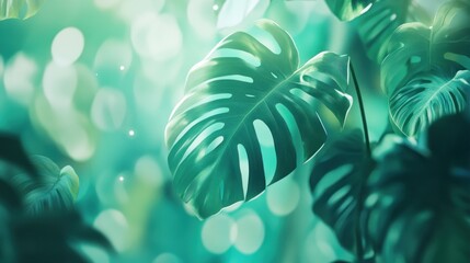 Canvas Print - Lush green leaves with a dreamy bokeh background create a serene, natural atmosphere.