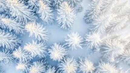 Poster - Aerial view of snow-covered evergreen trees in a winter landscape.