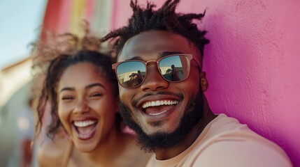 A joyful couple poses against a vibrant pink wall, embracing happiness and connection on a sunny day, capturing the essence of love and spontaneity in urban settings.