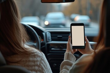 Taxi service application. Female passenger holding smartphone with blank screen while driver man driving car, woman sitting on backseat in auto, Generative AI