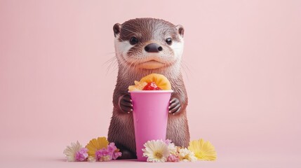 Sticker - A cute otter holding a pink cup filled with fruit, surrounded by flowers on a pink background.