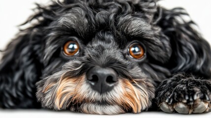 Canvas Print - A close-up of a black dog with expressive eyes resting its head on a surface.