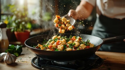 A lively kitchen scene where a cook tosses colorful vegetables in a sizzling pan, capturing the essence of freshness and the joy of preparing a meal.