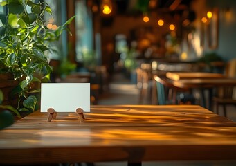 Warm Cafe Ambiance: Blank Menu Card Mockup on Wooden Table 