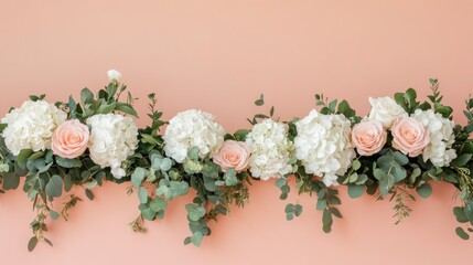 Sticker - A floral arrangement featuring roses and hydrangeas against a soft peach background.