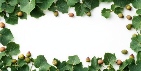 Sticker - A decorative arrangement of green leaves and nuts on a white background.