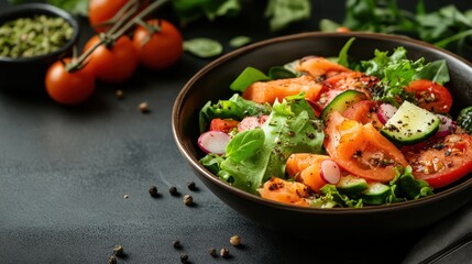 A delicious salad with mixed greens, tomato slices, cucumber, and radish, seasoned with pepper, served in a black bowl for a fresh dining experience.