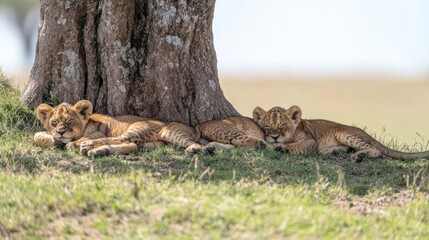 Wall Mural - Three lion cubs resting under a tree in a grassy landscape.